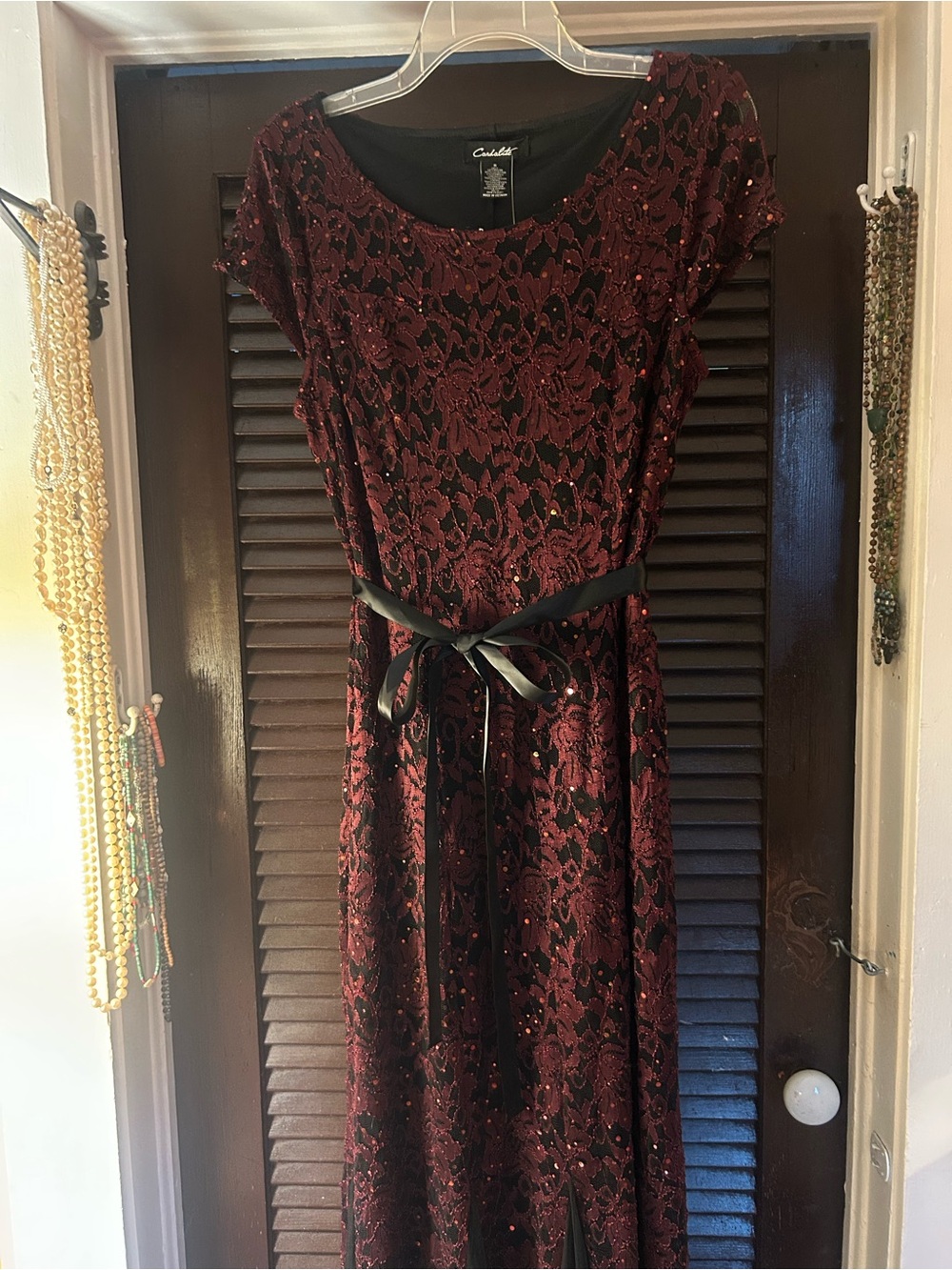 Catherines Burgundy Lace Maxi Dress with Satin Tie Belt